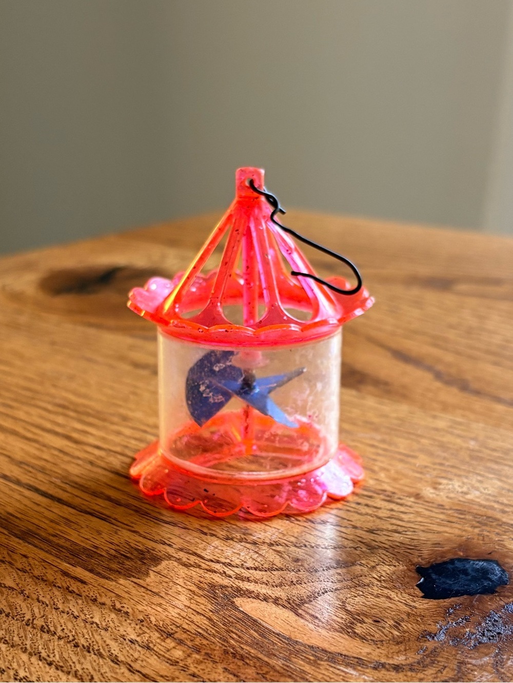 Vintage Birdcage Spinner Twinkler Christmas Tree Ornament Pink Plastic Glitter